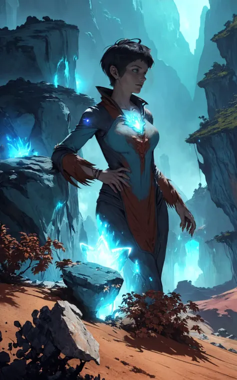 (style of Neil Blevins:1.4), (mythical cinematic establishing shot of gorgeous woman, highly detailed background:1.2), volumetric lighting, subsurface scattering, dynamic pose, (special effects, color grading, fantasy aura), (Elemental Geomancer:1.4), (Medium Covered breasts:0.81), Rock formations, earthy robes, geomantic symbols, stone guardians
