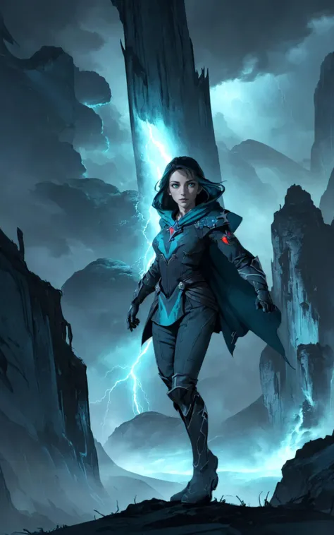 (style of Neil Blevins:1.4), (mythical cinematic establishing shot of gorgeous woman, highly detailed background:1.2), volumetric lighting, subsurface scattering, dynamic pose, (special effects, color grading, fantasy aura), (Stormcaller:1.4), (Medium Covered breasts:0.81), Thunderclouds, lightning bolt, tempest robes, commanding presence