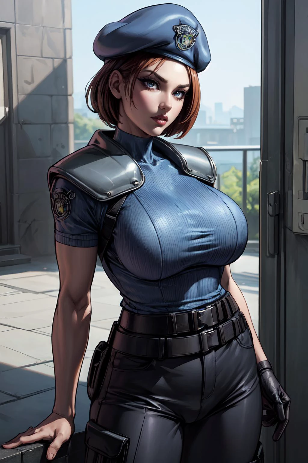 (masterpiece, 8k, 4k, extremely detailed, dynamic shading:1.4) <lora:more_details:0.8> milf, mature, breasts, muscular, <lora:jillvalentine-re-richy-v1:1>jillre1, beret, uniform, shoulder pads, short sleeves, harness, belt, pants