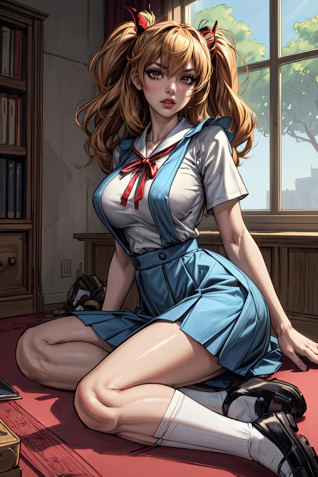 (masterpiece, 8k, 4k, extremely detailed, dynamic shading:1.4) <lora:more_details:0.8> huge tits, <lora:AsukaLangleySouryuuV2:1> interface headset, suspender skirt, red ribbon, white shirt, school uniform, socks, shoes