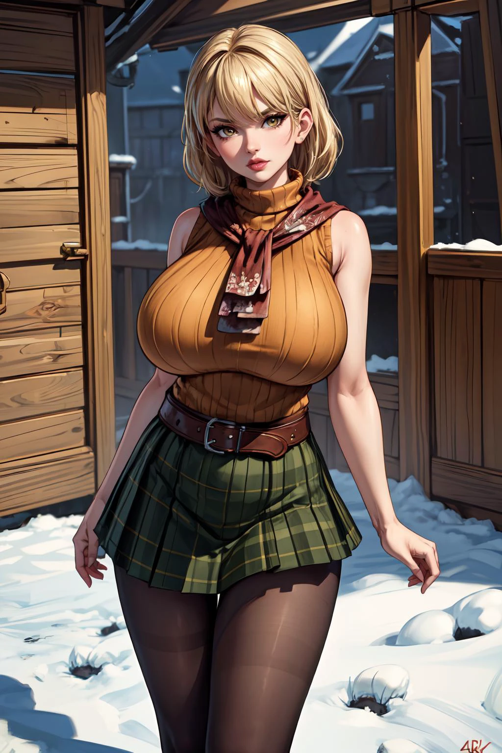 (masterpiece, 8k, 4k, extremely detailed, best quality, absurdres:1.4) nice hands, perfect hands, 1girl, mature, milf, sexy, (huge tits:1.1) <lora:more_details:0.75> <lora:ashleygraham-nvwls-v1:0.8> brown eyes, blonde hair, bangs, red scarf, orange sweater, sleeveless turtleneck, pleated green tartan miniskirt, belt, pantyhose, in a poor snowy eastern european village,
