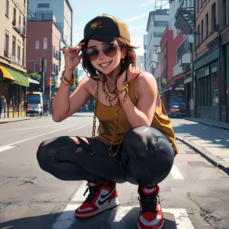 (masterpiece,best quality,absurdres,beautiful,sharp,detailed),street,1girl, air_jordan_1,squatting,grin,gold chain,jewelry,hat,sunglasses <lora:air_jordan_1:0.8>