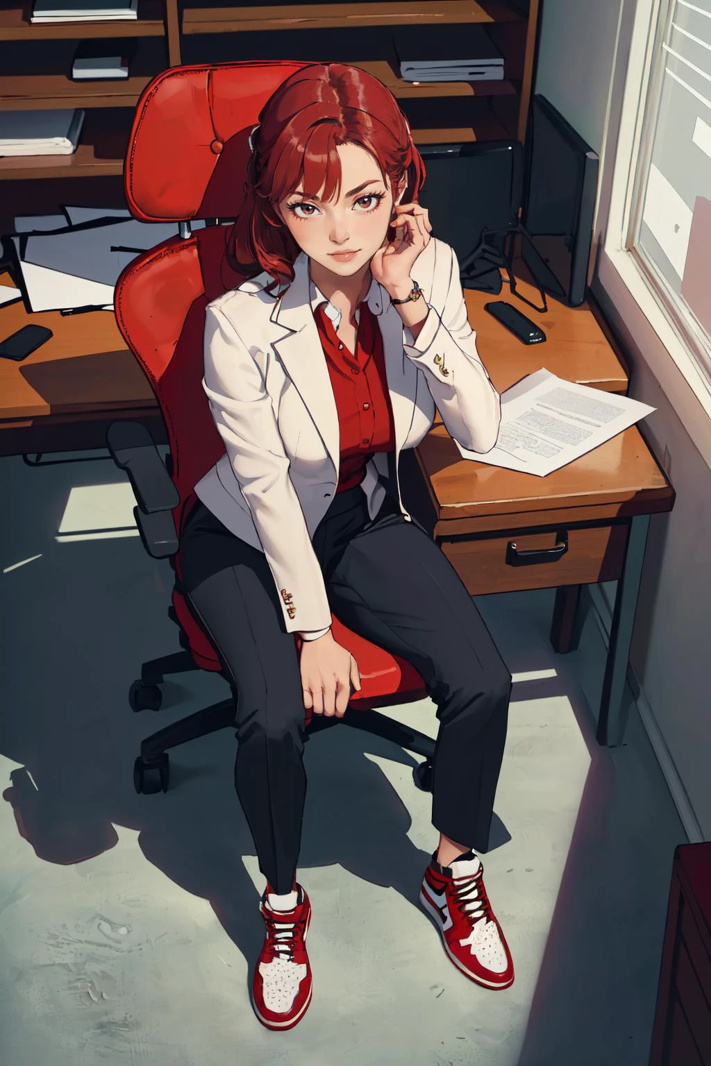 (masterpiece,best quality,absurdres,beautiful,sharp,detailed),from above,sitting,desk,1girl,solo,business suit,pants,chair,air_jordan_1,red footwear <lora:air_jordan_1:0.8>