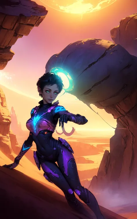 (style of Neil Blevins:1.4), (mythical cinematic establishing shot of gorgeous woman, highly detailed background:1.2), volumetric lighting, subsurface scattering, dynamic pose, (special effects, color grading, fantasy aura), (Mirage Weaver:1.4), (Small Perky breasts:0.81), Sandstorm, illusory oasis, desert attire, mystical sand creatures