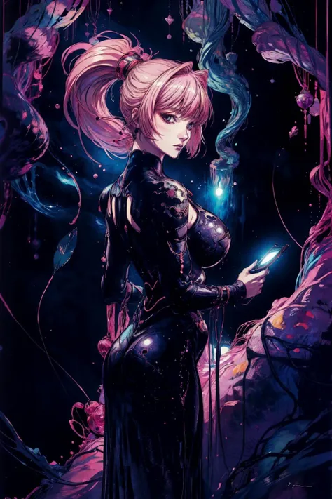 (masterpiece:1.2),( high quality:1.1), manga style, 
1girl, pink hair, ponytail hair, bangs,(aqua eyes:0.5)[<lora:mdxk:0.5>Space,glowing,star \(sky\),: <lora:amano_yoshitaka_style_v01:0.9>:25],(looking at viewer, standing, from above:1.1),, (huge breast, large breast:0.9),<lora:add_detail:0.96>,
(backlight:1.1),  cavern, mysterious darkness, impressive stalactites,  blurry background,