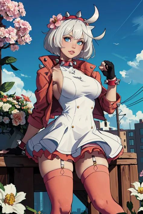 (masterpiece,best quality,absurdres,beautiful,sharp,detailed),1girl,striveelphelt, ahoge, hairband, jacket, dress, fingerless gloves, thighhighs, spiked collar, spiked bracelet,flowers,hair flower <lora:guiltygear_strive_elphelt-17:0.8>