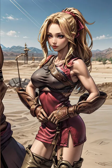 (masterpiece, 8k, 4k, extremely detailed, best quality, absurdres:1.4) nice hands, perfect hands, 1girl, mature, milf, (huge tits:1.3),<lora:more_details:1> <lora:FinalFantasy_FemaleArcher:0.9> ArcherFFT, long hair, (low-tied long hair), brown eyes, blonde hair, long ponytail with ribbon, red dress, sleeveless, (asymmetrical armor:1.3), gloves, thighhighs, <lora:ffxii-nvwls-v1:lbw=outall:1> 12style, desert, city, castle, sand