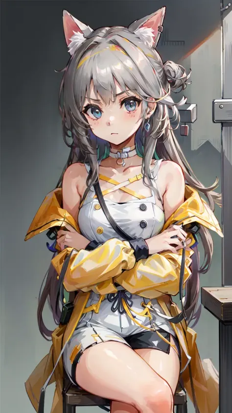 masterpiece, high quality,
1girl, solo,
simple background,
<lora:kazemaruArknightsV1:0.6>,kazemaru,
sitting,sitting on chair, crossed legs, 
crossed arms, 
medium breasts,
expressionless, looking at viewer,  closed mouth,
