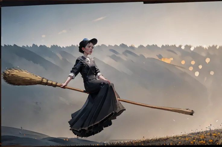 a woman, broom, broom riding,sitting, Style-BlurFore, Style-DA, Style-DoF, Style-EMCG 3d render, unreal engine, octane render, unreal engine 5, hyperdetailed, octane render, 8k <lora:broom003:0.8>
