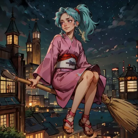 botan, pink eyes, blue hair,  pink kimono, long sleeves, sandals, sash, looking serious, smirk, sitting, 
broom_straddle_riding, broom, broom riding, straddling, night time, cityscape, high quality, masterpiece,  <lora:broom003:.4> <lora:botan:.7>