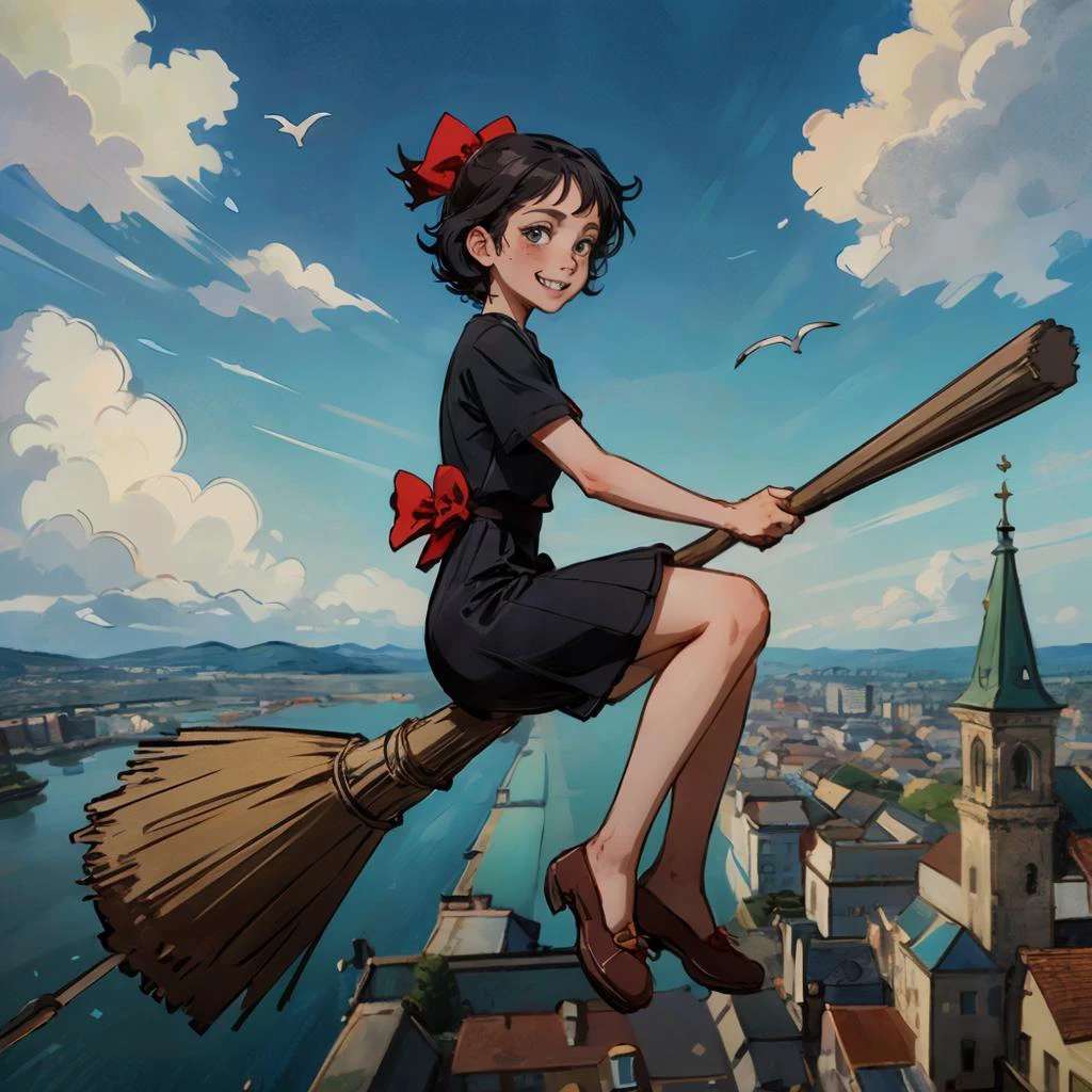kiki \(majo no takkyuubin\), short black hair, red bow, black dress, short sleeves, brown flats, looking at viewer, smiling, happy, teeth, sitting,
broom_straddle_riding, broom,broom riding,straddling,from side, in air, clouds, cityscape, sunny, high quality, masterpiece, <lora:broom003:.4>