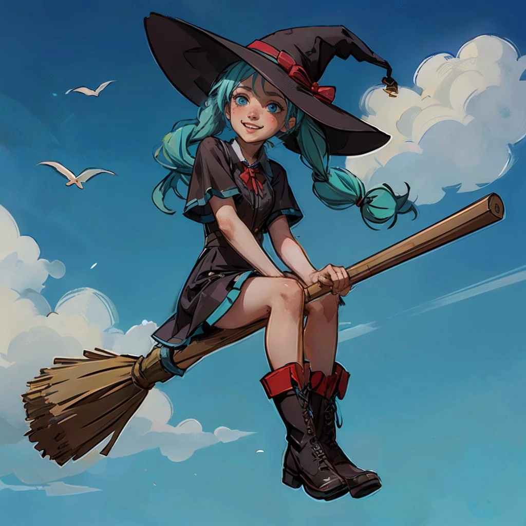 hatsune miku, blue twintail hair, blue eyes, wearing witch outfit, boots, witch hat, looking happy, blush, sitting,
broom_straddle_riding, broom, broom riding, straddling, blue sky, high quality, masterpiece,