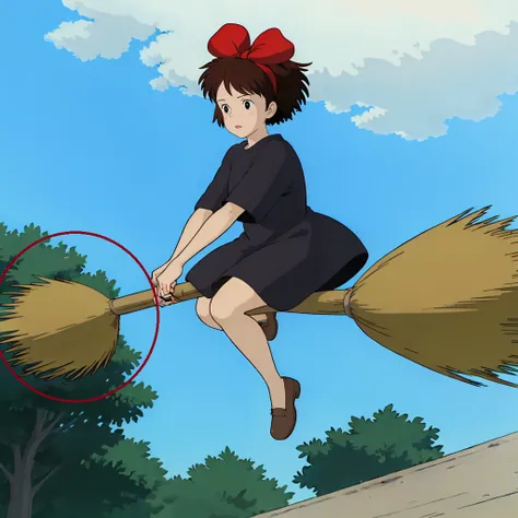 <lora:Kiki003:0.7>,<lora:broom001:0.4>,
Kiki,1girl,short hair,brown hair,black eyes,hair bow,
hair bow,
black dress,
brown footwear,
riding,broom,