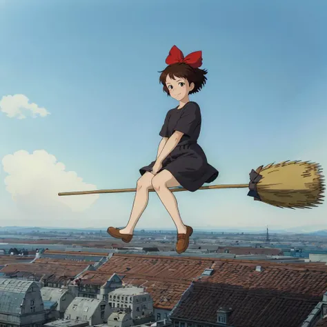 <lora:Kiki003:0.5>,<lora:broom001:0.7>,<lora:add_detail:0.8>,<lora:boldline:-0.3>,<lora:noline:0.3>,looking at viewer,smile,
Kiki,1girl,short hair,brown hair,black eyes,hair bow,
hair bow,
black dress,
brown footwear,
full body,
broom,riding,flying,sky,city,