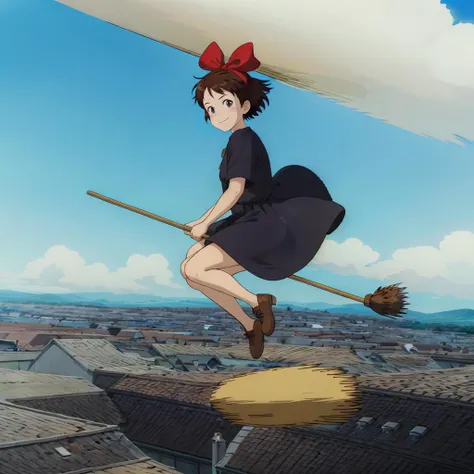 <lora:Kiki003:0.5>,<lora:broom001:0.7>,<lora:add_detail:0.8>,<lora:boldline:-0.3>,<lora:noline:0.3>,looking at viewer,smile,
Kiki,1girl,short hair,brown hair,black eyes,hair bow,
hair bow,
black dress,
brown footwear,
full body,
broom,riding,flying,sky,city,