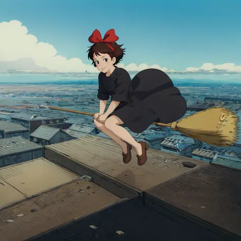 <lora:Kiki003:0.5>,<lora:broom001:0.7>,<lora:add_detail:0.8>,<lora:boldline:-0.3>,<lora:noline:0.3>,looking at viewer,smile,
Kiki,1girl,short hair,brown hair,black eyes,hair bow,
hair bow,
black dress,
brown footwear,
full body,
broom,riding,flying,sky,city,