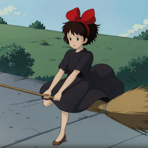 <lora:Kiki003:0.7>,<lora:broom001:0.4>,
Kiki,1girl,short hair,brown hair,black eyes,hair bow,
hair bow,
black dress,
brown footwear,
riding,broom,