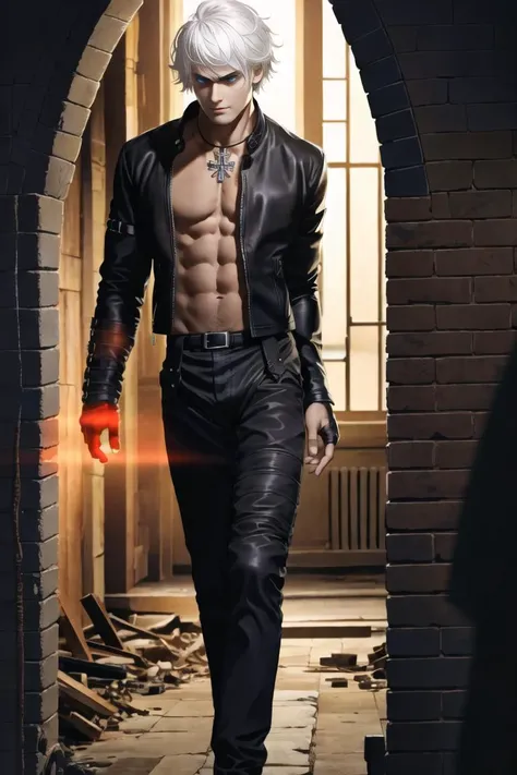 kdash, 1boy, solo, necklace, leather jacket, leather pants, masterpiece, detailed eyes, red glove, destroyed building, full body, highres, sharp picture, mood lighting, white hair, intricate details, handsome man , detailed eyes<lora:GoodHands-beta2:1> <lora:KDashKOF-000004:1>