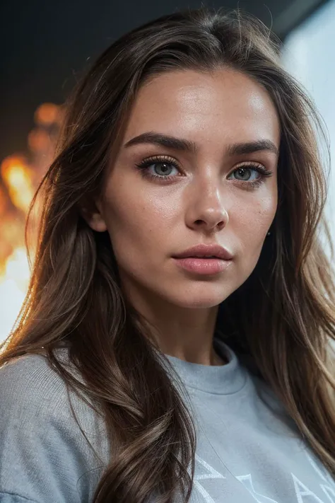 closeup headshot of S193_AlexandraShulgovich,an attractive woman,in front of a (burning-wall:1.1),wearing a (crewneck-sweatshirt:1.1),(8k, RAW photo, best quality, depth of field, ultra high res:1.2),(absurdres, intricate, photorealistic, masterpiece, ultra-detailed:1.3),