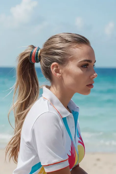 photo of S193_AlexandraShulgovich,a gorgeous woman,on a (beach:1.1),wearing a (vibrant polo-shirt:1.1) and (shorts:1.1),(ponytail:1.1),(8k, RAW photo, best quality, depth of field, ultra high res:1.2),(absurdres, intricate, photorealistic, masterpiece, ultra-detailed:1.3),