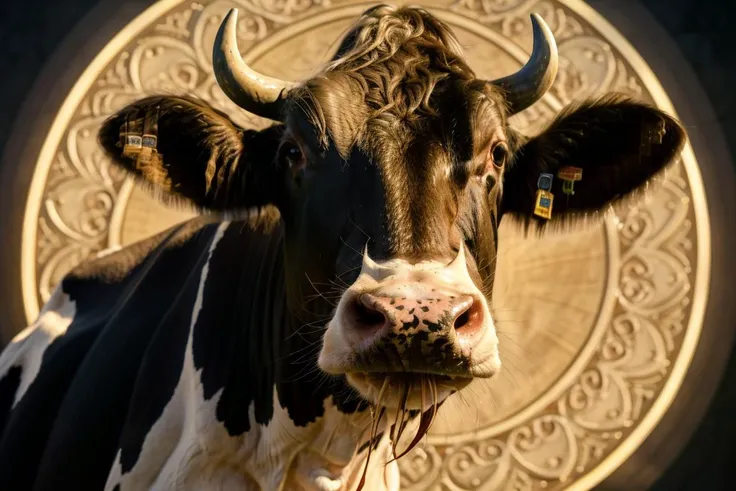 cow, alex grey, fantasy, d & d, intricate, detailed, by by alphonse mucha, adolfo hohenstein, alice russell glenny, stanley artgerm lau, greg rutkowski, detailed, trending on artstation, trending on art, EdobCow cow, (realistic:1.5), <lora:EdobCow_v1.0:0.8>