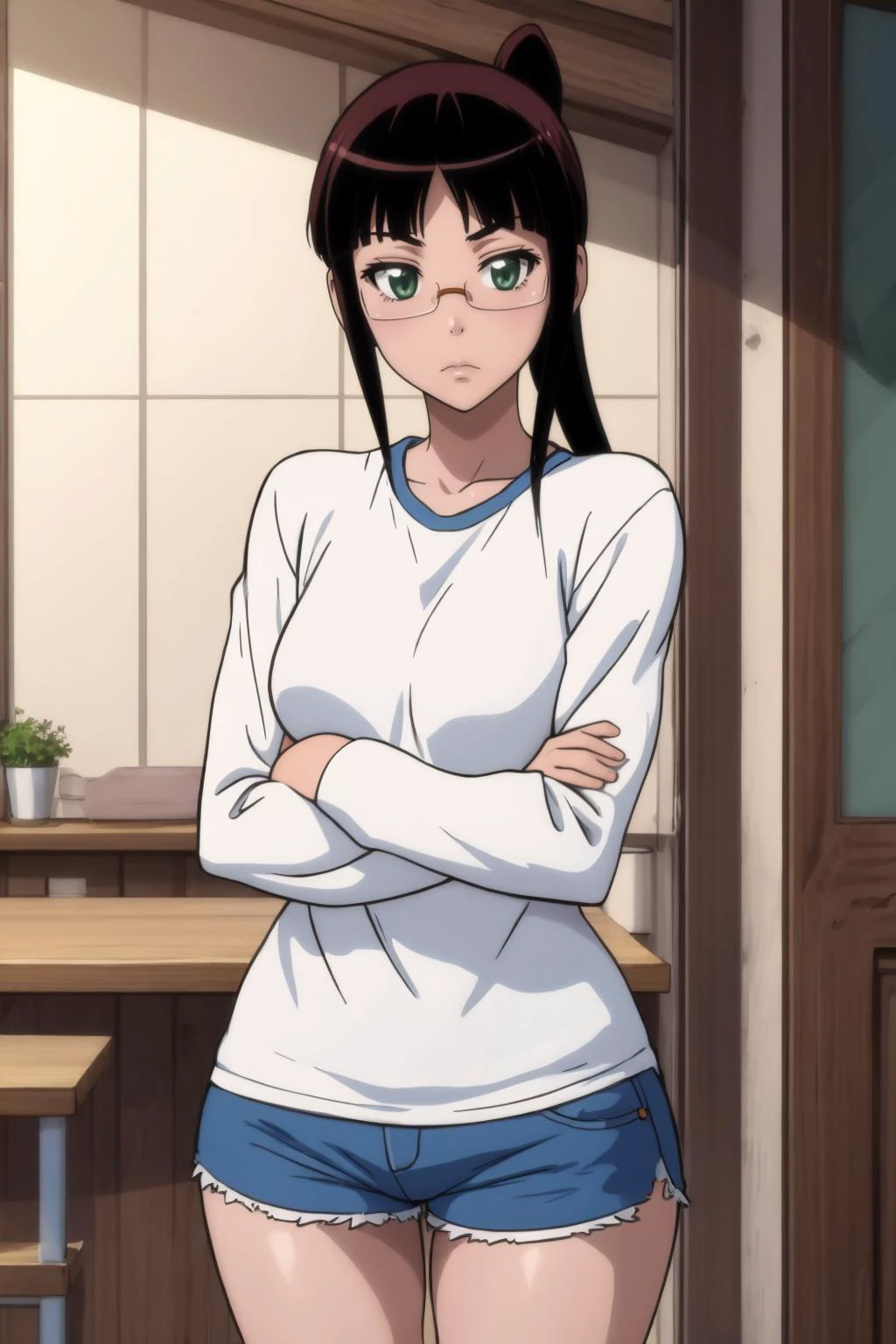 masterpiece, best quality, <lora:ruri-nisekoi-01:0.8> ruri miyamoto, arms crossed, long sleeves, shorts, gentle, looking at viewer, (mature female:.3)