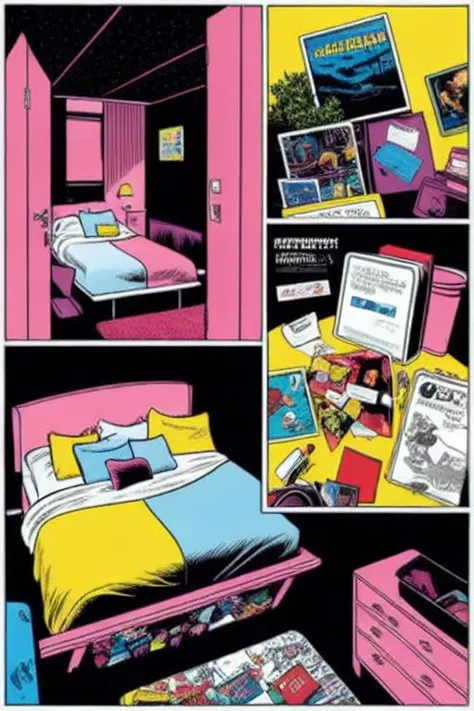 a teenage room with a lot of posters, a desk with computer, ashtray, bed, door, 1windows charlesburns style