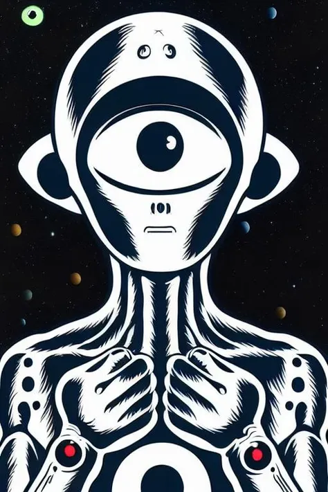 portrait of an 1alien with ((( arm eyes))), univers view in the background