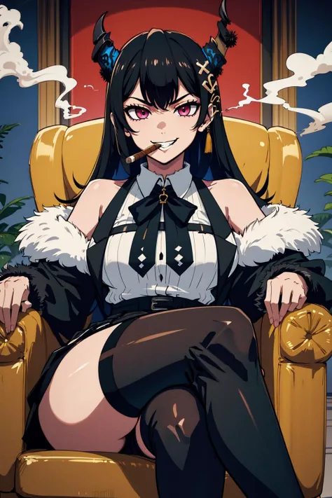 masterpiece, best quality, absurdres, 1girl, solo, <lora:NerissaRavencroft:0.8> NerissaRavencroft, horns, hair ornament, pink eyes, collared shirt, black skirt, garter straps, thighhighs, fur trim, detached sleeves, black gloves BREAK <lora:loungeChair:0.4> (((smoking,lounge chair,cigar,sitting,smirk,holding cigarette,crossed legs, evil smile))),