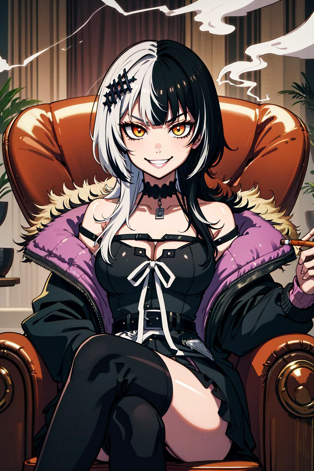masterpiece, best quality, absurdres, 1girl, solo, <lora:ShioriV2:0.8> ShioriBase, split-color hair, hair ornament, choker, black dress with white ribbon, black jacket, fur trim, belt, asymmetrical legwear BREAK <lora:loungeChair:0.4> (((smoking,lounge chair,cigar,sitting,smirk,holding cigarette,crossed legs, evil smile))),