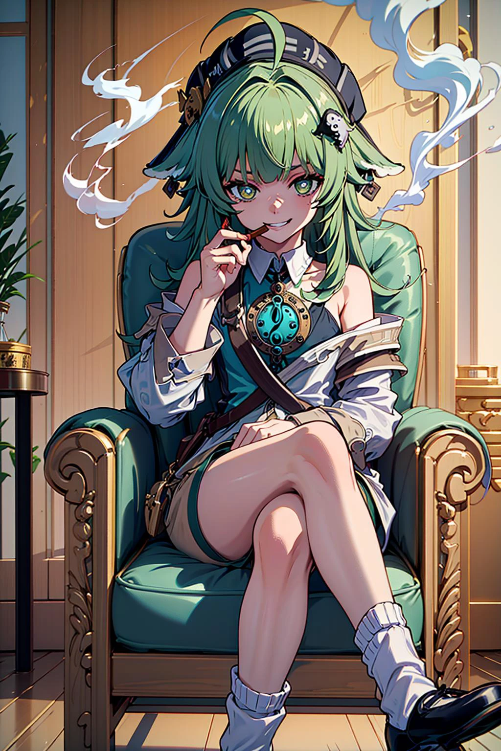 masterpiece, best quality, absurdres, 1girl, solo, <lora:HuoHuo:0.8> huohuo, green hair, bangs, long hair, ahoge, animal ears, beret, hair ornament, green eyes, shorts, white socks, shirt, off shoulder, fox tail BREAK <lora:loungeChair:0.4> (((smoking,lounge chair,cigar,sitting,smirk,holding cigarette,crossed legs, evil smile))),