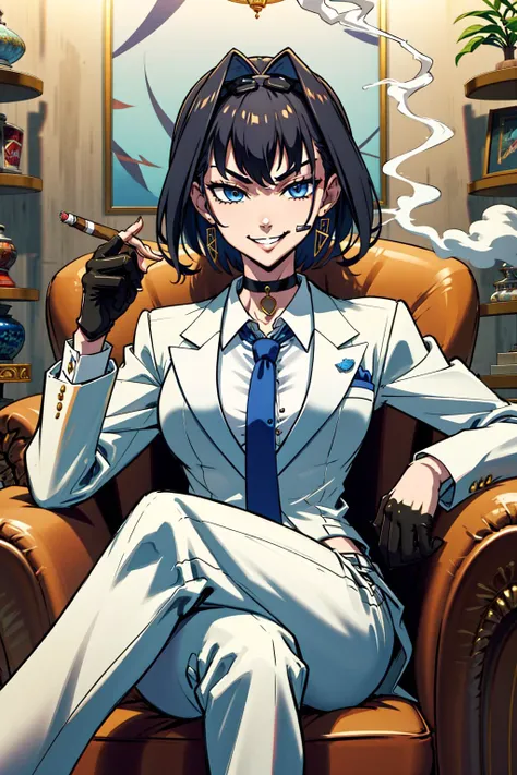 masterpiece, best quality, absurdres, 1girl, solo, <lora:KroniiV2:0.8> KroniiMafia, short hair, hair intakes, collared shirt, necktie, formal, suit, gloves, pants, choker, BREAK <lora:loungeChair:0.4> (((smoking,lounge chair,cigar,sitting,smirk,holding cigarette,crossed legs, evil smile))),