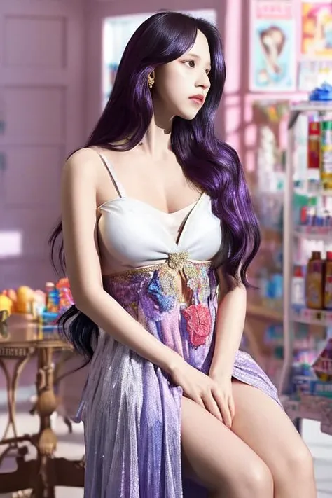 a hyper realistic illustration of mina wearing beautiful dress, at the convenience store, masterpiece, higres, 4k, detailed, perfect composition, posing lying, with cleavage, f cup size, blue-violet colored hair, by artist greg rutkowski