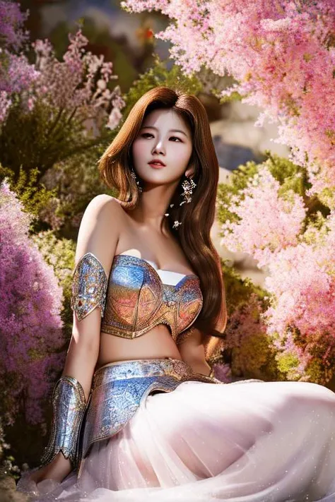 masterpiece, highres, a beautiful hyper realistic illustration of sana wearing fantasy armor, at the town, ambient lighting, 4k, detailed, perfect composition, posing squatting, underboob, c cup size, focus face