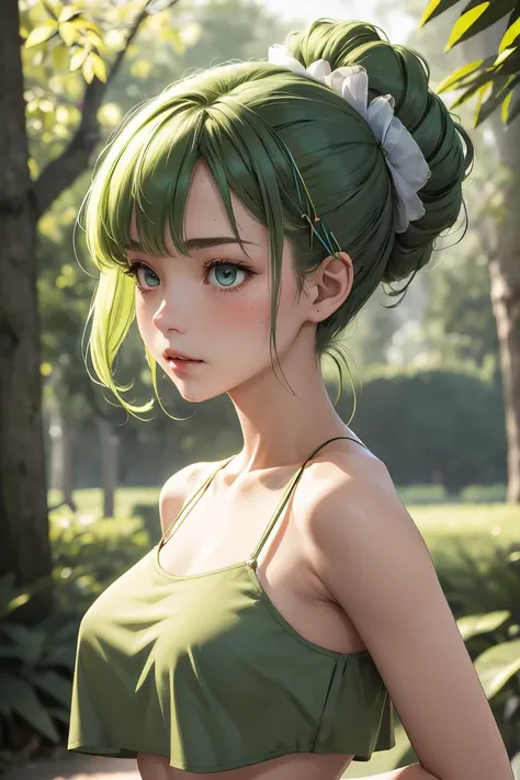 (masterpiece, best quality), 1girl, Pine green Pinned-Back Curls with Gem Hairpins, Size A breasts,  <lora:crop_top_overhang_v0.1:1> crop top