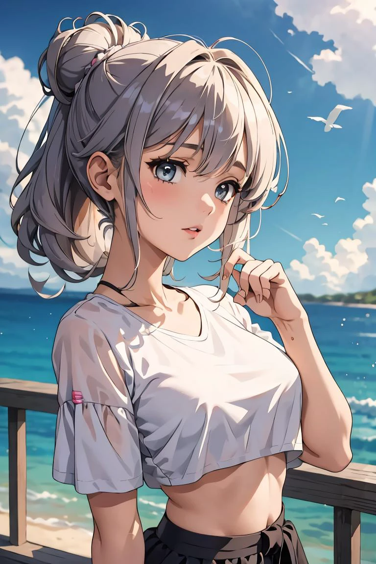 (masterpiece, best quality), 1girl, Sky Romantic Updo with Loose Curls, medium breasts, <lora:crop_top_overhang_v0.1:1> crop top