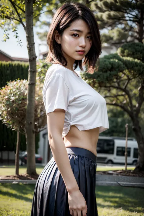 (realistic:1.3), finely detailed, quality, rembrandt lighting, (masterpiece:1.2), (photorealistic:1.2), (best quality), (detailed skin:1.3), (intricate details), dramatic, ray tracing, 1girl, japanese girl, 21 years old, detailed skin texture, (blush:0.5), (goosebumps:0.5), subsurface scattering, smiling, medium breasts, short hair curls, bangs, hair between eyes, crop top, cotton shirt, pleated skirt, cowboy shot, (leaning forward:1.2), from side, (bright sunny day, outdoors, park, trees, sky), <lora:crop_top_overhang_v0.1:1>