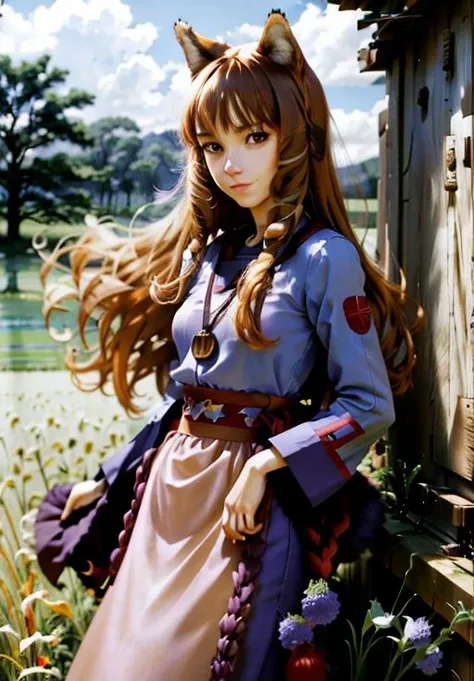 <lora:Holo:0.8>, Holo, 1girl, solo, smirk, weed field, portrait,, (majestic, stunning, exquisite:1.3)