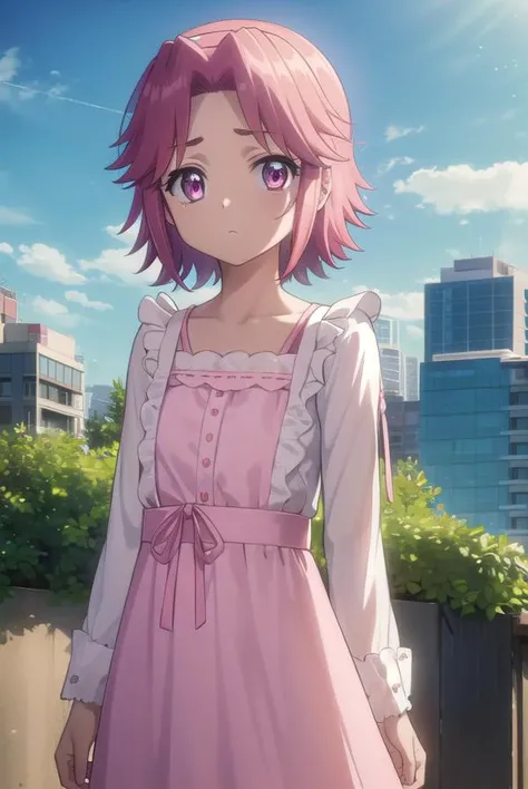 alicemaresato, <lora:alice maresato s1-lora-nochekaiser:1>,
alice maresato, short hair, pink hair, red hair, hairband, (pink eyes:1.3), (parted bangs:1.5),
BREAK dress, frills, long sleeves, pink dress,
BREAK outdoors, city, zombies, sun, sky, clouds, cars,
BREAK looking at viewer, (cowboy shot:1.5),
BREAK <lyco:GoodHands-beta2:1>, (masterpiece:1.2), best quality, high resolution, unity 8k wallpaper, (illustration:0.8), (beautiful detailed eyes:1.6), extremely detailed face, perfect lighting, extremely detailed CG, (perfect hands, perfect anatomy),