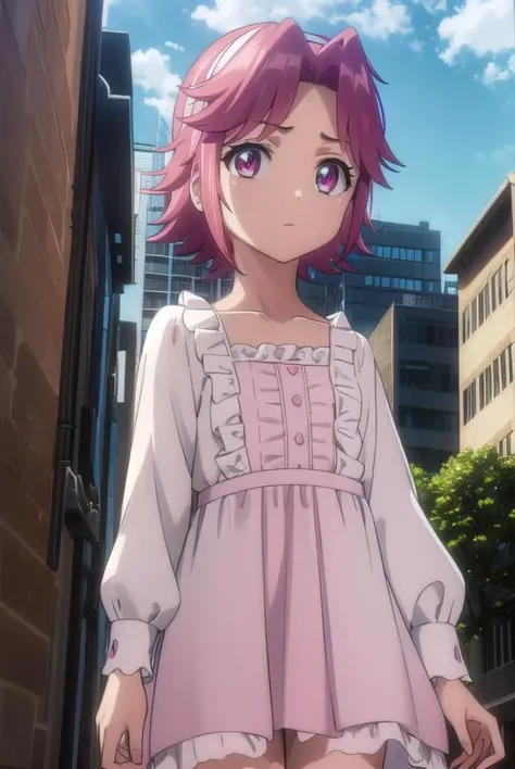 alicemaresato, <lora:alice maresato s1-lora-nochekaiser:1>,
alice maresato, short hair, pink hair, red hair, hairband, (pink eyes:1.3), (parted bangs:1.5),
BREAK dress, frills, long sleeves, pink dress,
BREAK outdoors, city, zombies, sun, sky, clouds, cars,
BREAK looking at viewer, (cowboy shot:1.5),
BREAK <lyco:GoodHands-beta2:1>, (masterpiece:1.2), best quality, high resolution, unity 8k wallpaper, (illustration:0.8), (beautiful detailed eyes:1.6), extremely detailed face, perfect lighting, extremely detailed CG, (perfect hands, perfect anatomy),