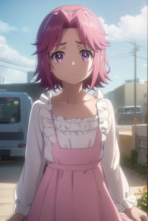 alicemaresato, <lora:alice maresato s1-lora-nochekaiser:1>,
alice maresato, short hair, pink hair, red hair, hairband, (pink eyes:1.3), (parted bangs:1.5),
BREAK dress, frills, long sleeves, pink dress,
BREAK outdoors, city, zombies, sun, sky, clouds, cars,
BREAK looking at viewer, (cowboy shot:1.5),
BREAK <lyco:GoodHands-beta2:1>, (masterpiece:1.2), best quality, high resolution, unity 8k wallpaper, (illustration:0.8), (beautiful detailed eyes:1.6), extremely detailed face, perfect lighting, extremely detailed CG, (perfect hands, perfect anatomy),