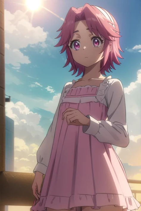 alicemaresato, <lora:alice maresato s1-lora-nochekaiser:1>,
alice maresato, short hair, pink hair, red hair, hairband, (pink eyes:1.3), (parted bangs:1.5),
BREAK dress, frills, long sleeves, pink dress,
BREAK outdoors, city, zombies, sun, sky, clouds, cars,
BREAK looking at viewer, (cowboy shot:1.5),
BREAK <lyco:GoodHands-beta2:1>, (masterpiece:1.2), best quality, high resolution, unity 8k wallpaper, (illustration:0.8), (beautiful detailed eyes:1.6), extremely detailed face, perfect lighting, extremely detailed CG, (perfect hands, perfect anatomy),