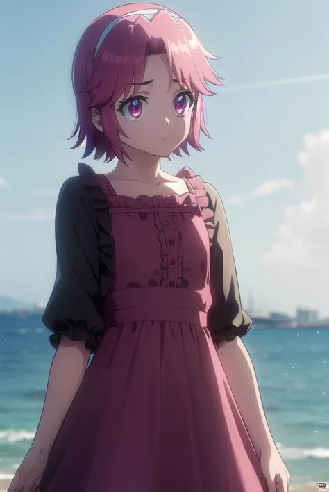 alicemaresato, <lora:alice maresato s1-lora-nochekaiser:1>,
alice maresato, short hair, pink hair, red hair, hairband, (pink eyes:1.3), (parted bangs:1.5),
BREAK dress, frills, long sleeves, pink dress,
BREAK outdoors, city, zombies, sun, sky, clouds, cars,
BREAK looking at viewer, (cowboy shot:1.5),
BREAK <lyco:GoodHands-beta2:1>, (masterpiece:1.2), best quality, high resolution, unity 8k wallpaper, (illustration:0.8), (beautiful detailed eyes:1.6), extremely detailed face, perfect lighting, extremely detailed CG, (perfect hands, perfect anatomy),