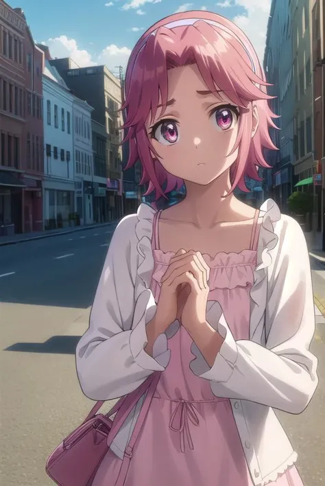 alicemaresato, <lora:alice maresato s1-lora-nochekaiser:1>,
alice maresato, short hair, pink hair, red hair, hairband, (pink eyes:1.3), (parted bangs:1.5),
BREAK dress, frills, long sleeves, pink dress,
BREAK outdoors, city, zombies, sun, sky, clouds, cars,
BREAK looking at viewer, (cowboy shot:1.5),
BREAK <lyco:GoodHands-beta2:1>, (masterpiece:1.2), best quality, high resolution, unity 8k wallpaper, (illustration:0.8), (beautiful detailed eyes:1.6), extremely detailed face, perfect lighting, extremely detailed CG, (perfect hands, perfect anatomy),