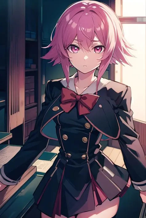 serikaonoe, <lyco:serikaonoe-LYCORIStest:1>,
serika onoe, short hair, pink hair, (pink eyes:1.5),
BREAK skirt, thighhighs, long sleeves, bow, school uniform, black thighhighs, red bow, zettai ryouiki,
BREAK looking at viewer, hands behind head,
BREAK indoors, classroom,
BREAK <lora:GoodHands-vanilla:1>, (masterpiece:1.2), best quality, high resolution, unity 8k wallpaper, (illustration:0.8), (beautiful detailed eyes:1.6), extremely detailed face, perfect lighting, extremely detailed CG, (perfect hands, perfect anatomy),