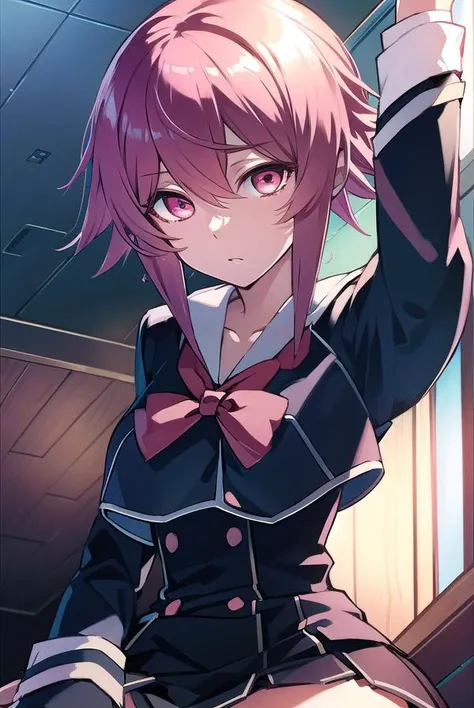 serikaonoe, <lyco:serikaonoe-LYCORIStest:1>,
serika onoe, short hair, pink hair, (pink eyes:1.5),
BREAK skirt, thighhighs, long sleeves, bow, school uniform, black thighhighs, red bow, zettai ryouiki,
BREAK looking at viewer, hands behind head,
BREAK indoors, classroom,
BREAK <lora:GoodHands-vanilla:1>, (masterpiece:1.2), best quality, high resolution, unity 8k wallpaper, (illustration:0.8), (beautiful detailed eyes:1.6), extremely detailed face, perfect lighting, extremely detailed CG, (perfect hands, perfect anatomy),