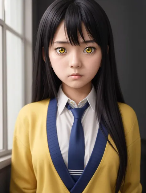 masterpiece ,best quality,
[anime screencap:0.34]
1girl,(teenager, teen, 15years old, 15y.o.,)
 <lora:miko yotsuya:0.7>
 miko yotsuya,MIKO_YOTSUYA, MIERUKO,
constricted pupils, scared, closed mouth, 
yellow eyes, long hair, black hair, multicolored hair, (blue hair:0.9) bangs,[(MULTICOLORED HAIR:0.9):0.31],
break
yellow sweater, blue skirt, pleated skirt, blue necktie,
facing viewer, looking at viewer, 
standing,