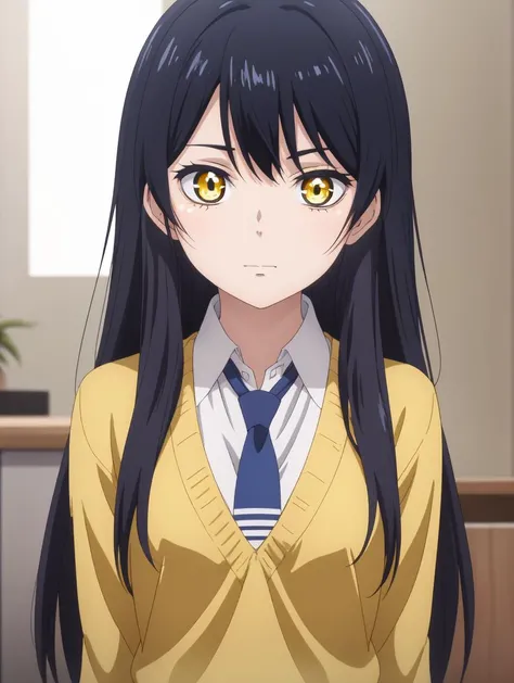 masterpiece ,best qaulity,
[anime screencap:0.34]
 <lora:miko yotsuya:0.7>
 miko yotsuya,MIKO_YOTSUYA, MIERUKO,
constricted pupils, scared, closed mouth, 
yellow eyes, long hair, black hair, multicolored hair, (blue hair:0.9) bangs,[(MULTICOLORED HAIR:0.9):0.31],
break
yellow sweater, blue skirt, pleated skirt, blue necktie,
facing viewer, looking at viewer, 
standing,
