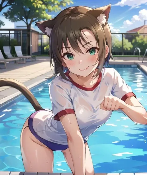 <lora:Tada_Riina2-03:0.8> 4k,ultra-detailed eyes, ultra-detailed, extremely detailed CG, masterpiece, best quality,extremely detailed CG, (soft shadows), (post processing:1.4), (extremety fine and beautiful:1.4), tada riina, short hair, brown hair, green eyes, medium breasts, buruma, blush, sweating, gym uniform, dynamic pose, nekomimi, cat ears, smug, pool, standing, paw pose, white shirt, all fours, wet, outdoors, palm tree, tree, smile,