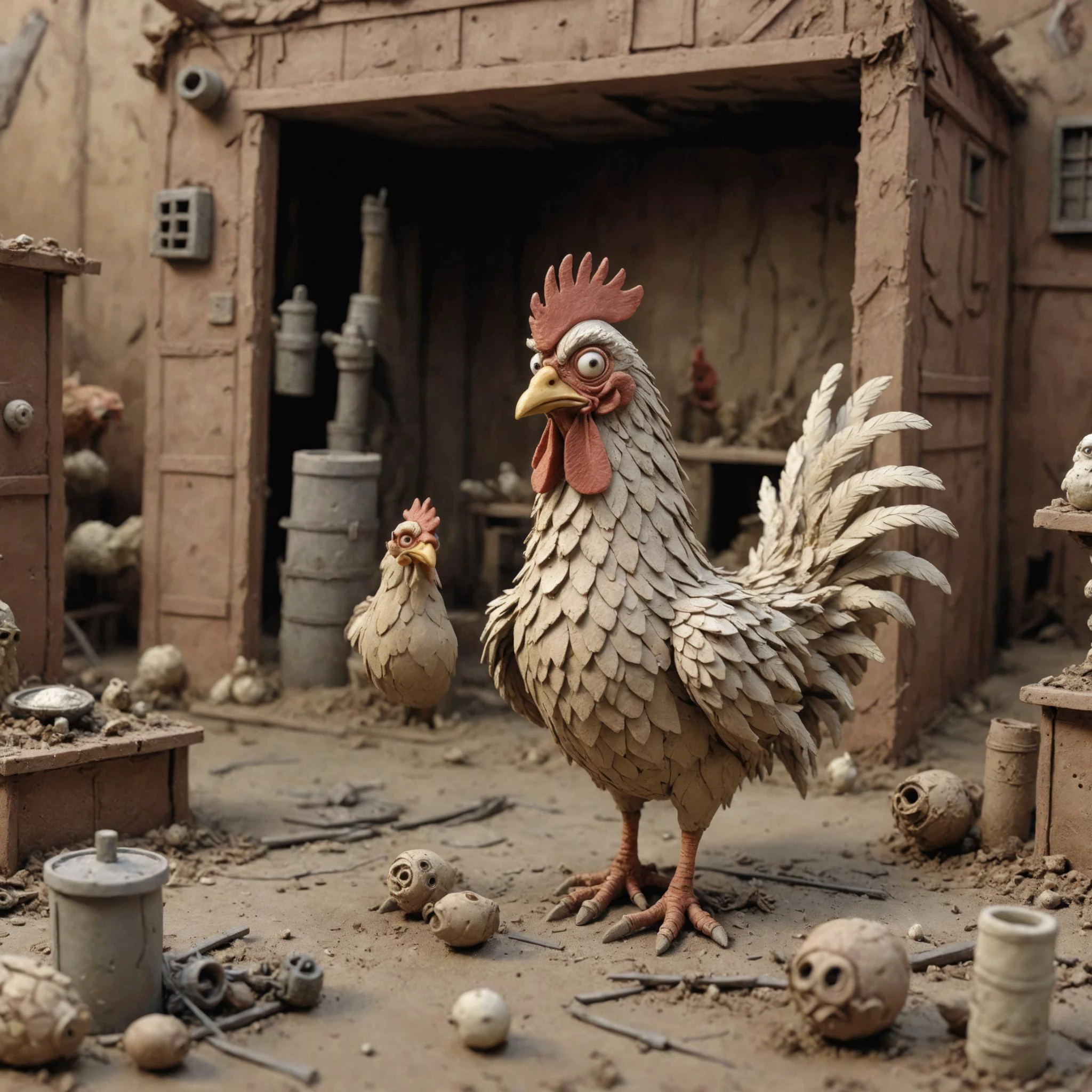 <lora:Jan Svankmajer Style:1> Jan Å vankmajer Style page <lora:Clay Animation:1> Clay Animation page, Chicken in Post-apocalyptic wasteland